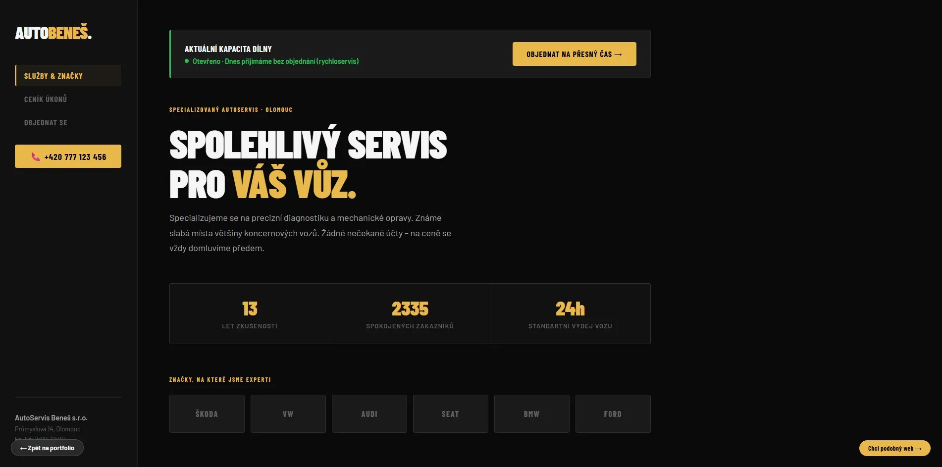 Profesionální web pro autoservis a opravnu aut (Desktop)