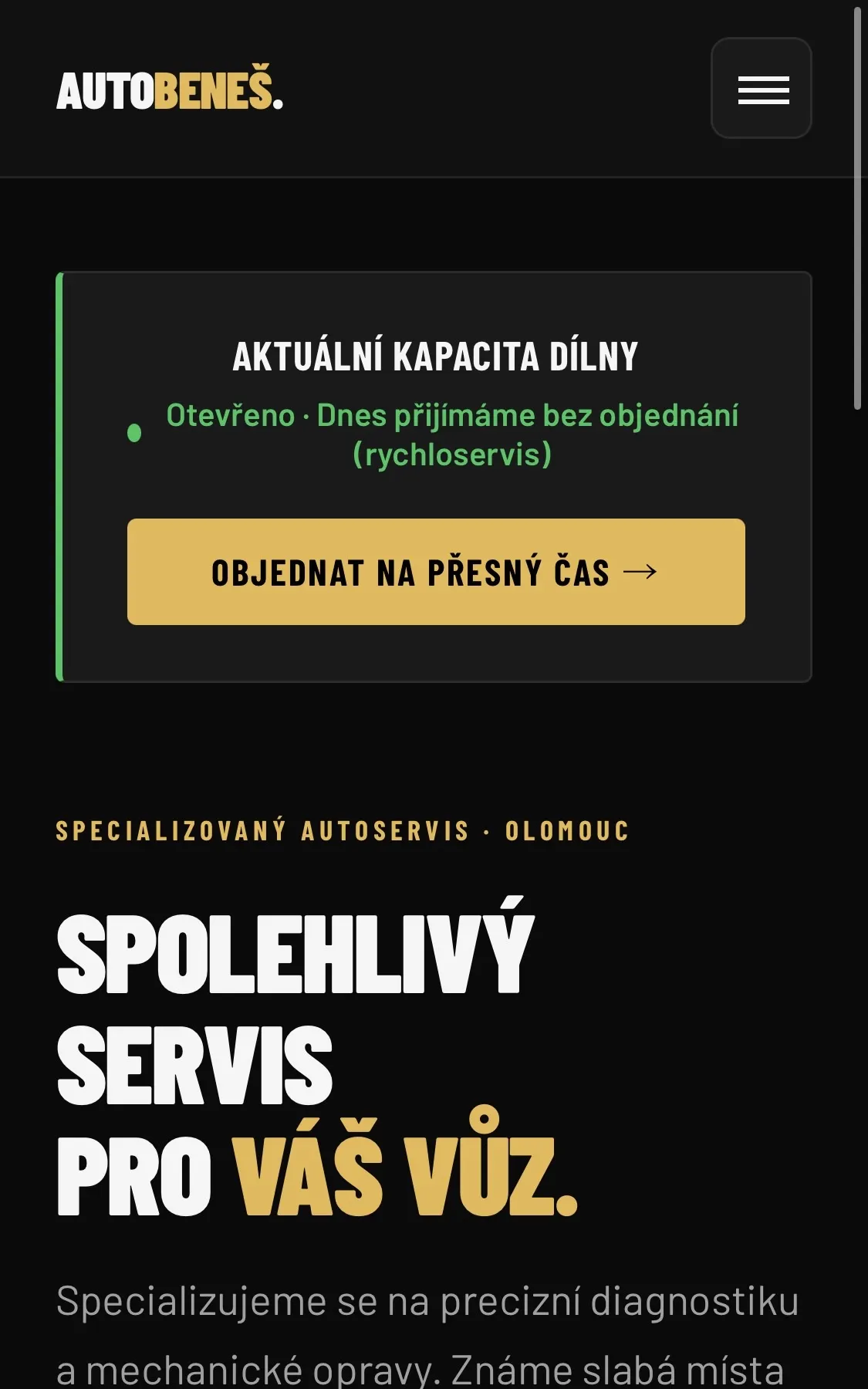 Přehledné služby a ceník autoservisu na mobilu (Mobil)